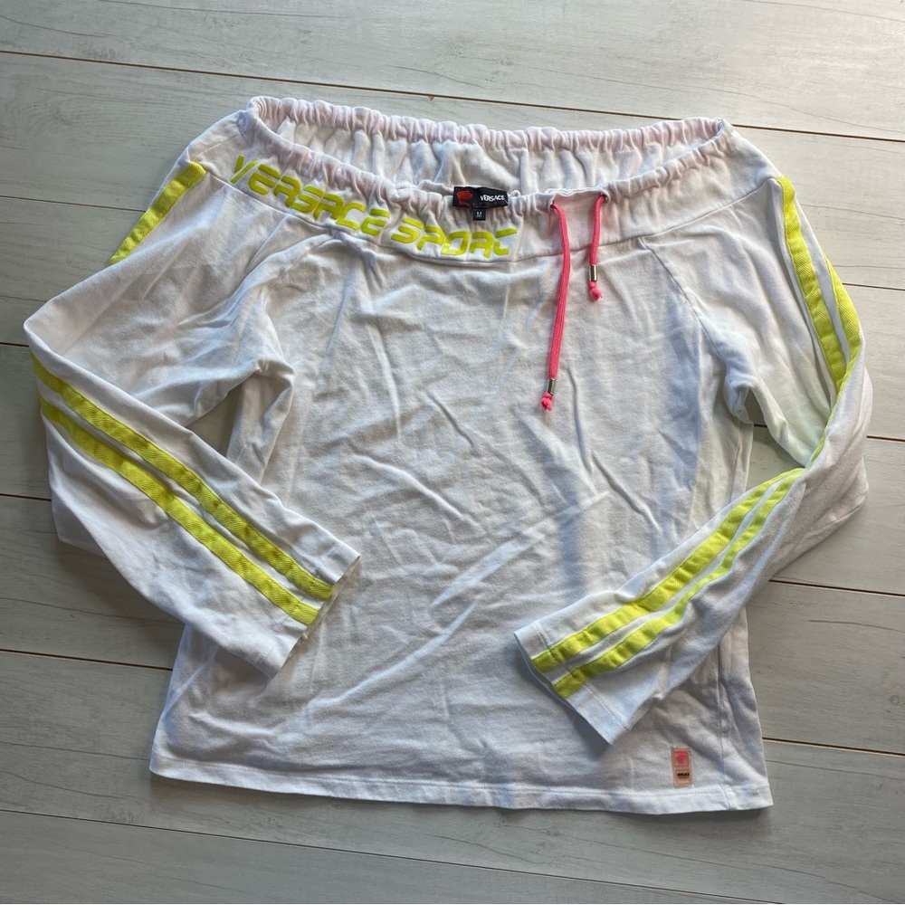 Versace Sport Women 90’s Top white Neon Stripe Pink drawstring Cotton Sz Medium
